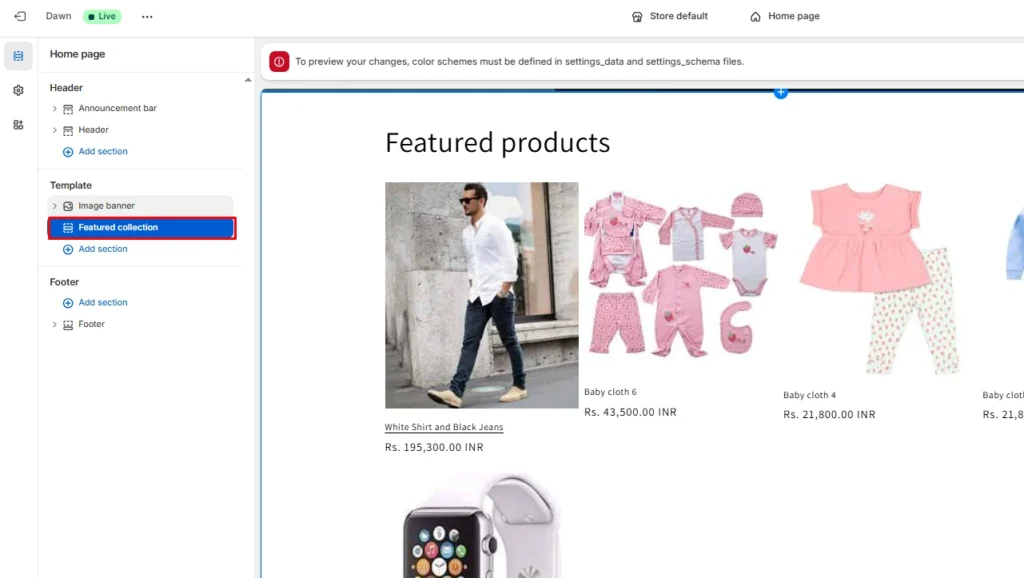 Featured collection section in theme editor Featured collection section in theme editor