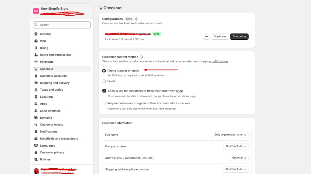 Customer contact method option in Checkout section.