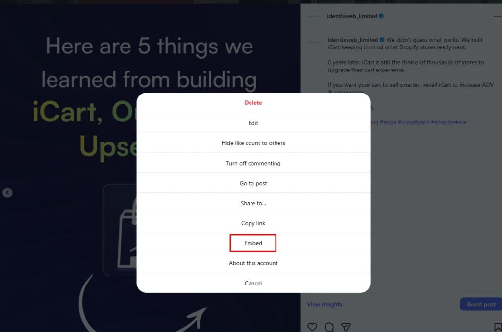 Embed code on Instagram post Embed code on Instagram post