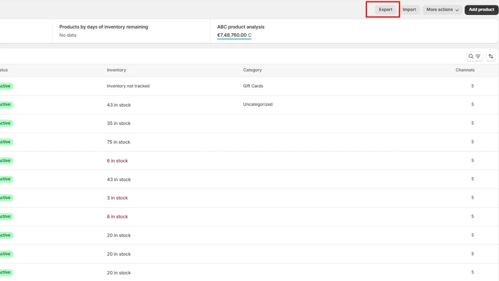 Export data as a CSV file from Shopify admin.