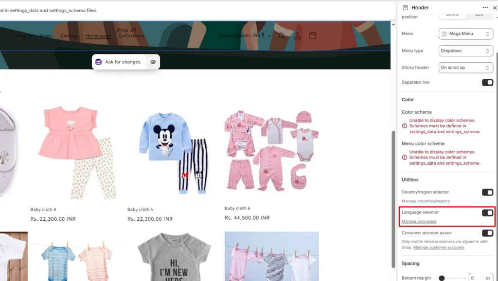 Language selector option in the header Language selector option in the header