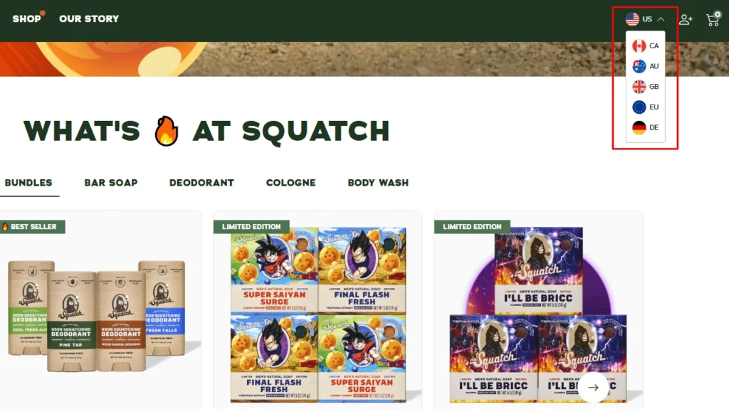 Dr. Squatch is showing a language selector at header Dr. Squatch is showing a language selector at header
