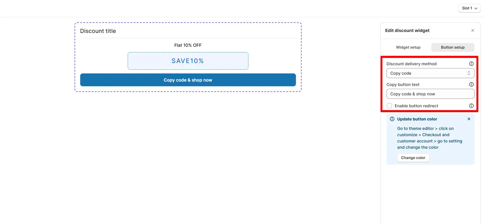 Copy discount code field in the widget