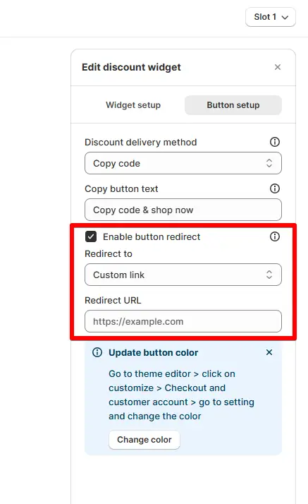 Redirect URL button setting