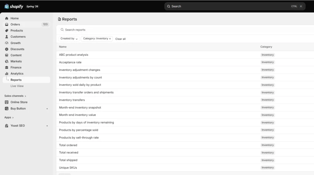 Inventory reports in Shopify dashboard Inventory reports in Shopify dashboard