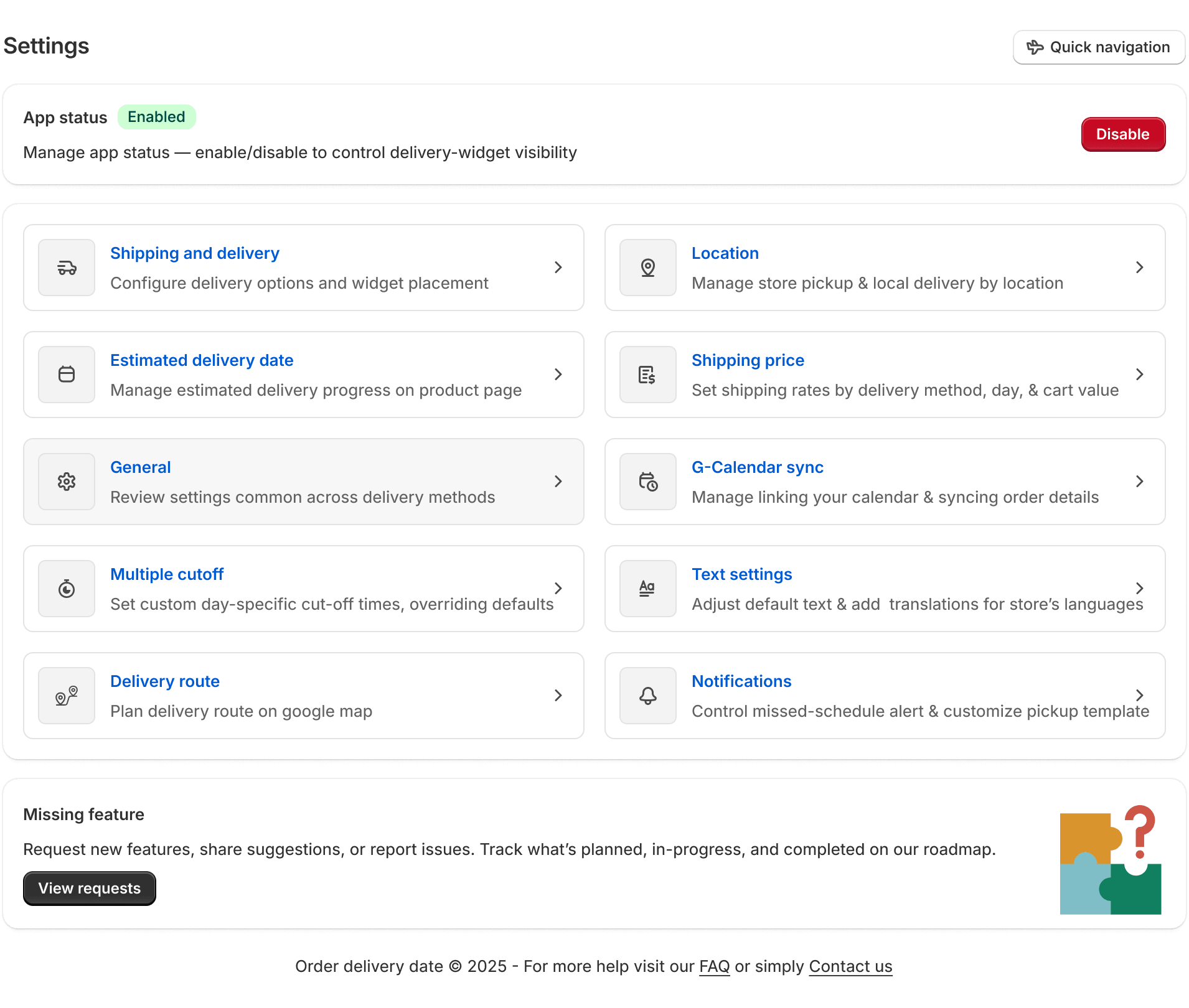 Settings page - Delivery & Pickup