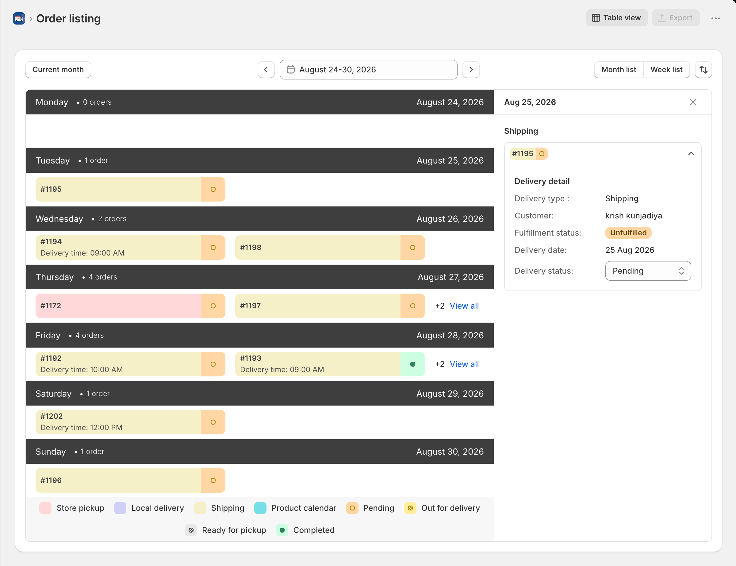 Calendar view - Order listing