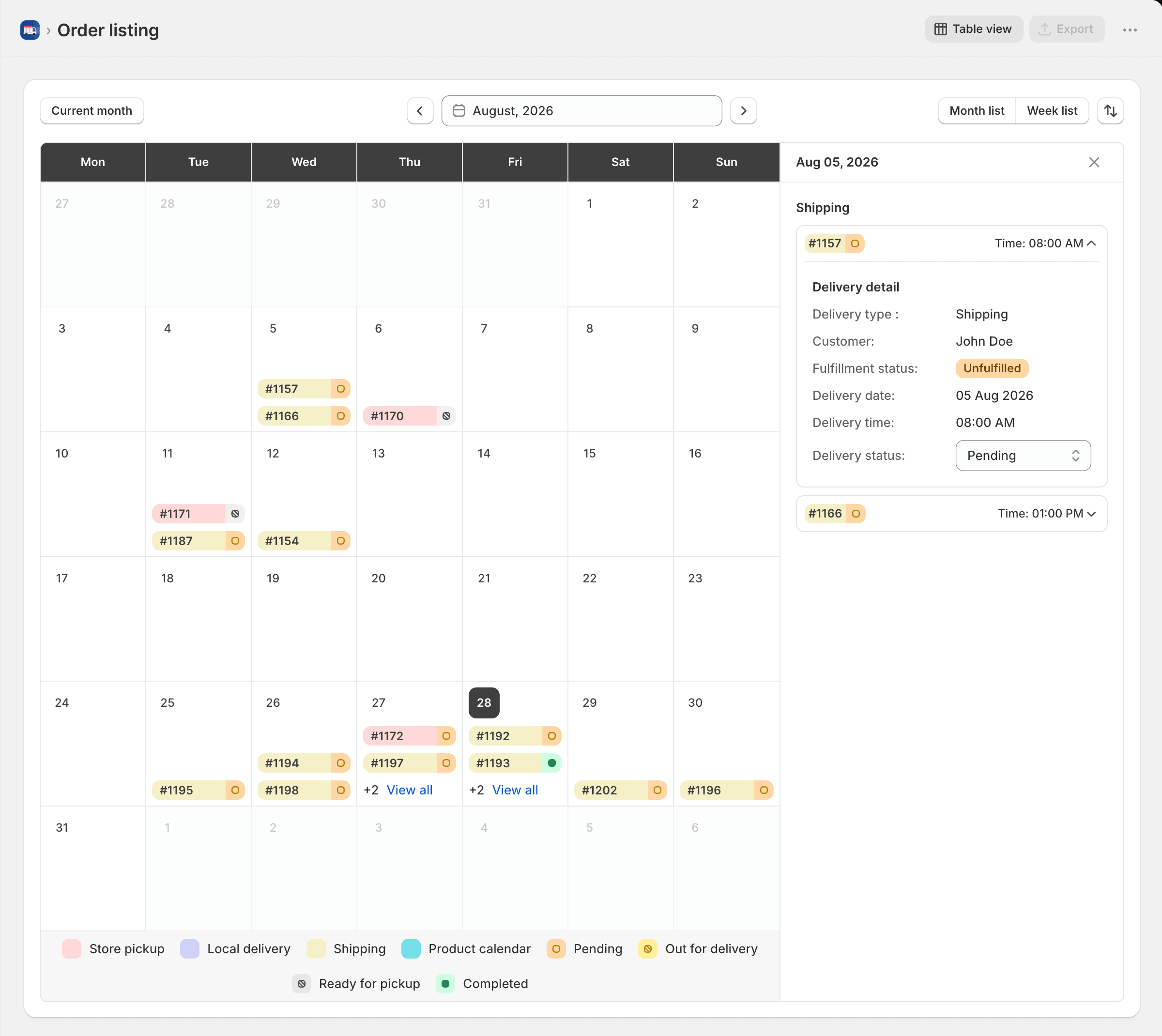 Week view - Order listing