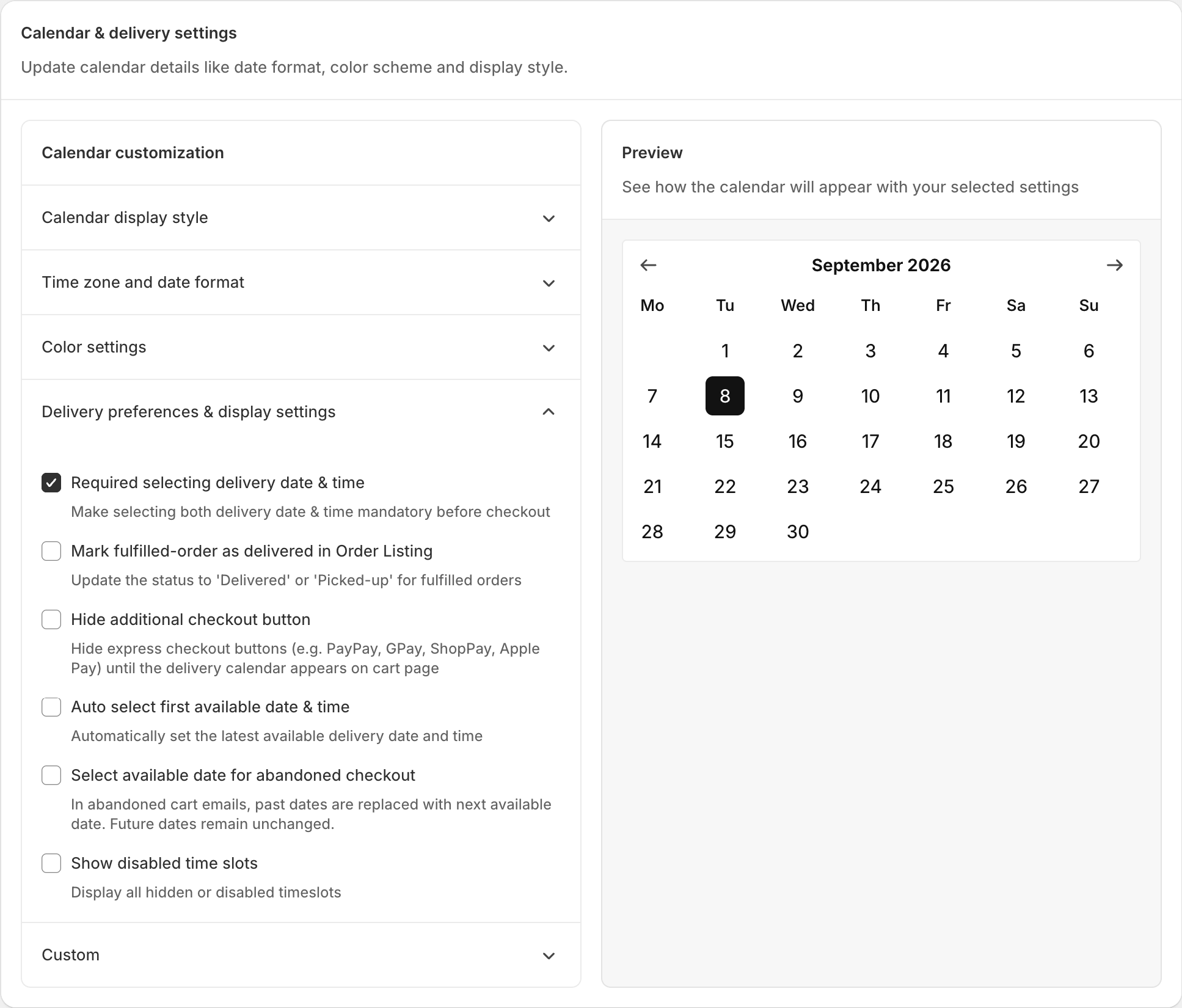 Delivery preferences and display settings